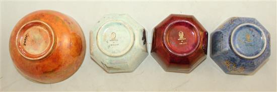 Three Wedgwood lustre octagonal tea bowls and a similar circular tea bowl, 1920-30s, 6.5cm and 8.5cm, butterfly bowl repaired